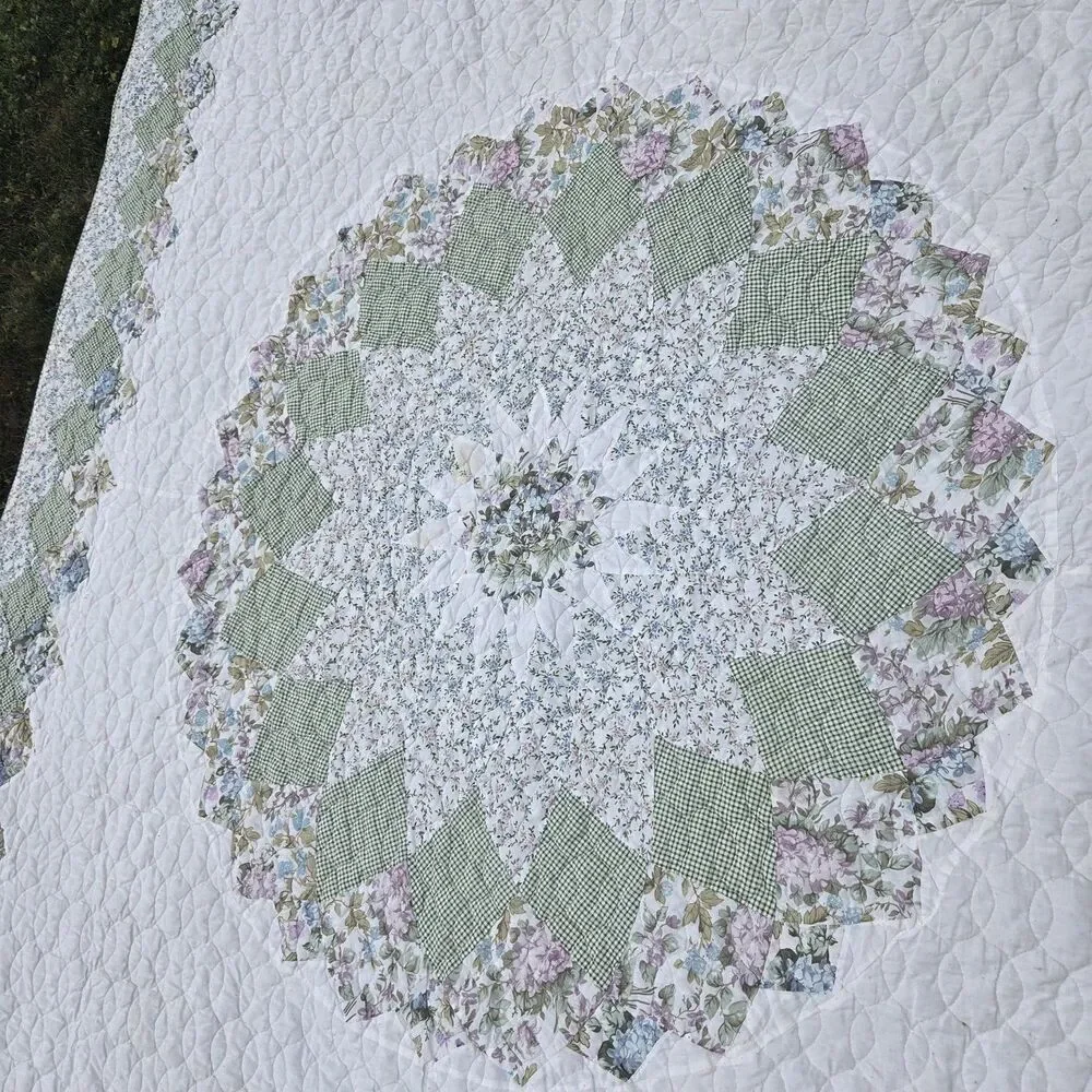VTG Full Size Colormate Patchwork Quilt Lone Star Floral Gingham 76x96 Sears